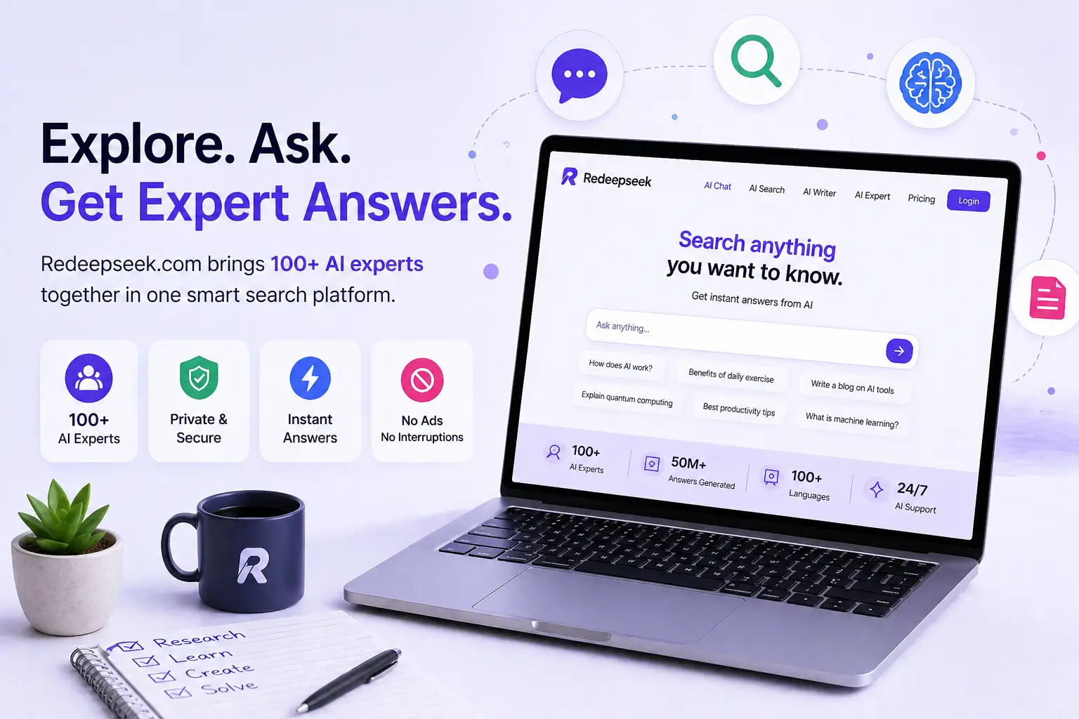 Redeepseek.com Review (2026): Features, Pricing, Pros & Cons 1 Redeepseek.com AI search infographic showing 100+ experts, private security, instant answers, and no ads