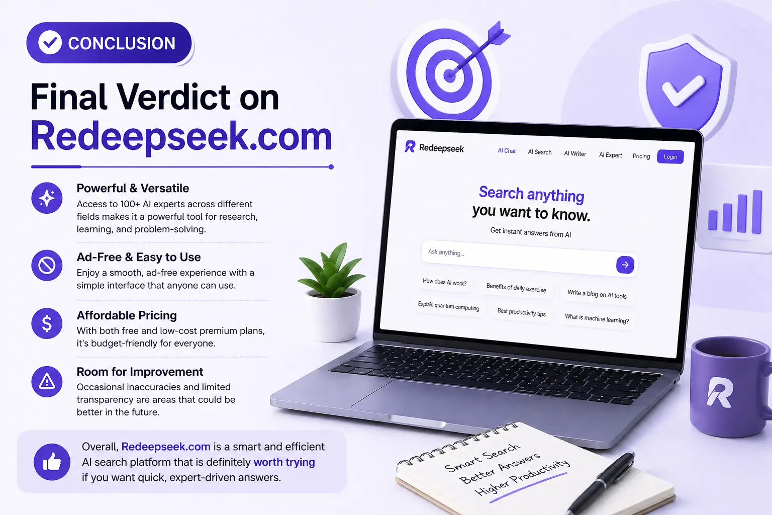 Redeepseek.com Review (2026): Features, Pricing, Pros & Cons 2 Redeepseek.com review conclusion image showing final verdict, pricing, benefits, and limitations