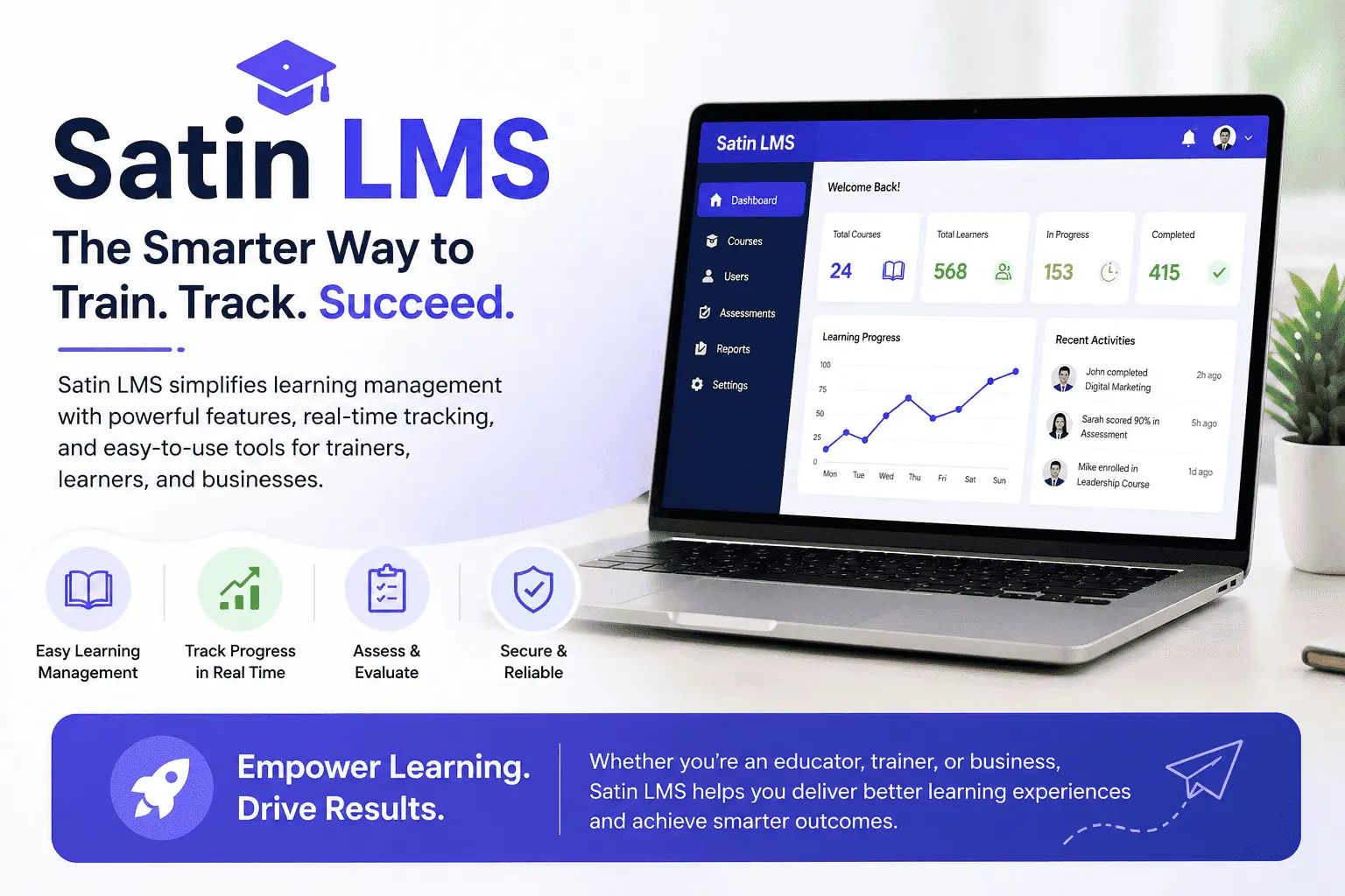 Satin LMS Explained: Login, Features, Reviews & User Guide 2 Satin LMS conclusion image showing smart learning platform with real-time tracking, assessments and better learning results