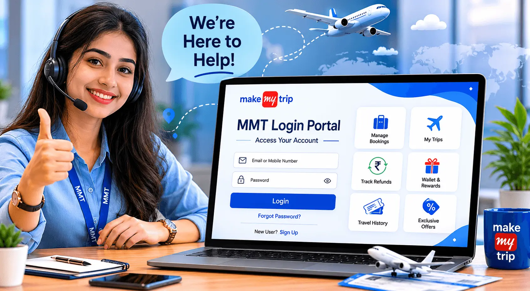 MMT Login Portal – Complete Guide 2026 1 Friendly customer support representative helping users with the MMT Login Portal login, booking assistance, refund tracking, and account support.