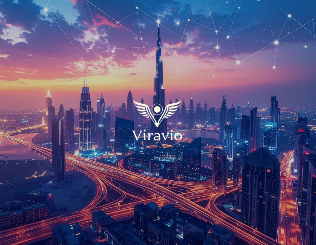Dubai skyline fused with digital network — Viravio logo glowing at the center.