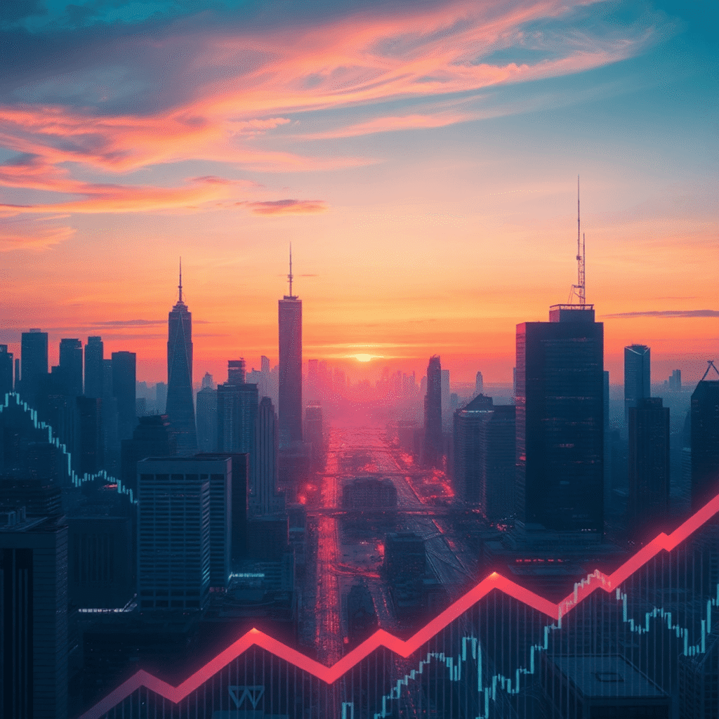 It’s Happening Again and Nobody’s Talking About It 2 Futuristic cityscape at dawn with glowing digital elements, upward arrows, and a faint historical stock market graph in the background symbolizing growth and caution.