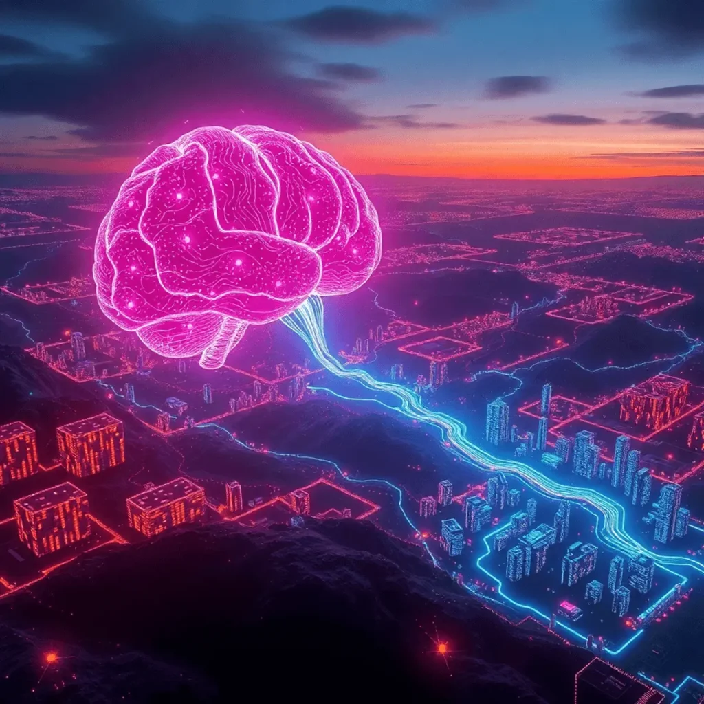 It’s Happening Again and Nobody’s Talking About It 1 A futuristic digital scene shows a glowing AI brain made of circuits. There are flowing data streams and colorful shrinking data blocks. The horizon is dimming, all in a realistic style.