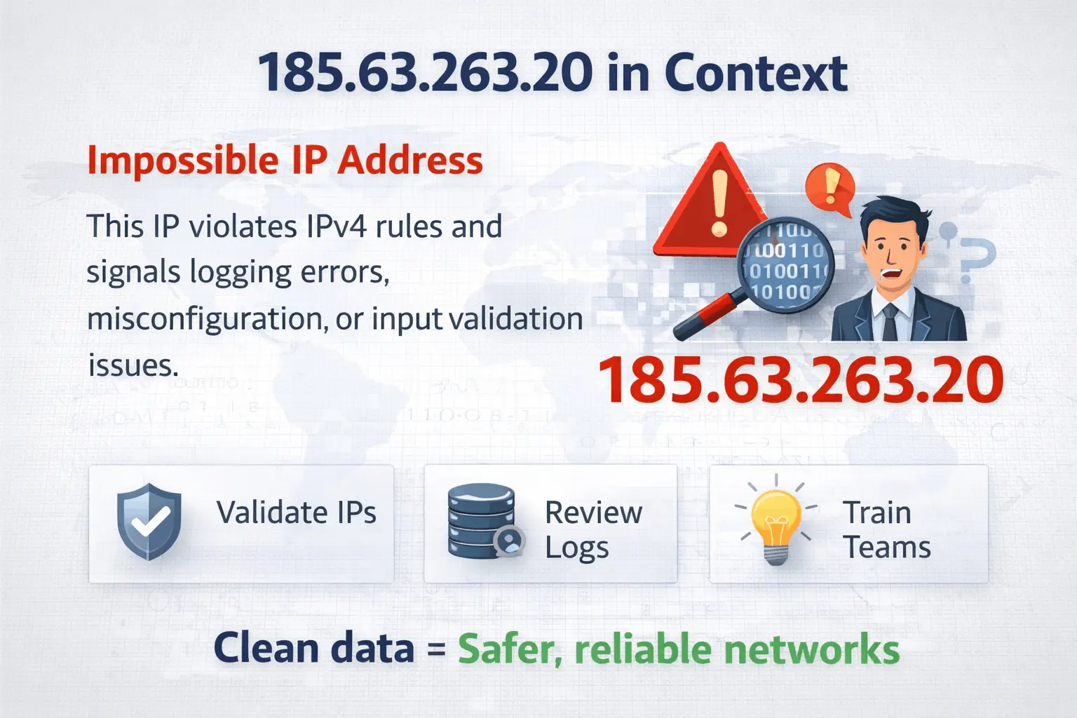 Infographic explaining how 185.63.263.20 violates IPv4 standards and causes logging errors
