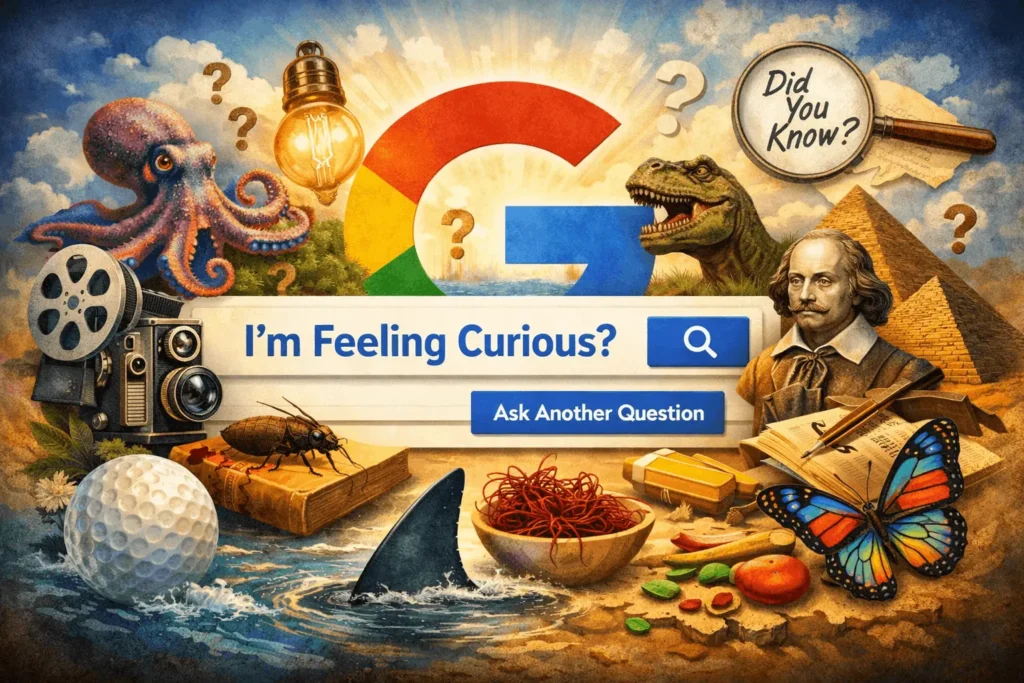 Google I'm Feeling Curious feature showing random trivia questions and curiosity-driven learning