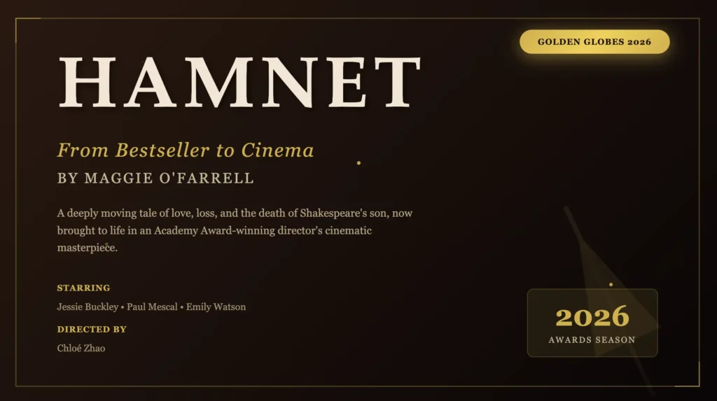 Hamnet movie poster featuring Golden Globes 2026 badge, starring Jessie Buckley, Paul Mescal, and Emily Watson, directed by Chloé Zhao