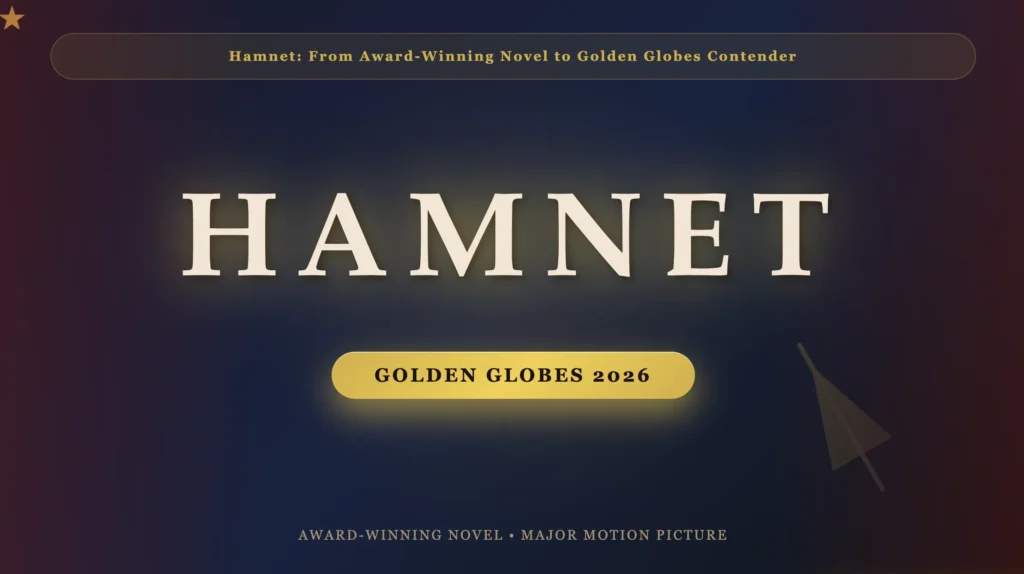 Hamnet title card with Golden Globes 2026 badge showcasing the award-winning novel's transformation into major motion picture