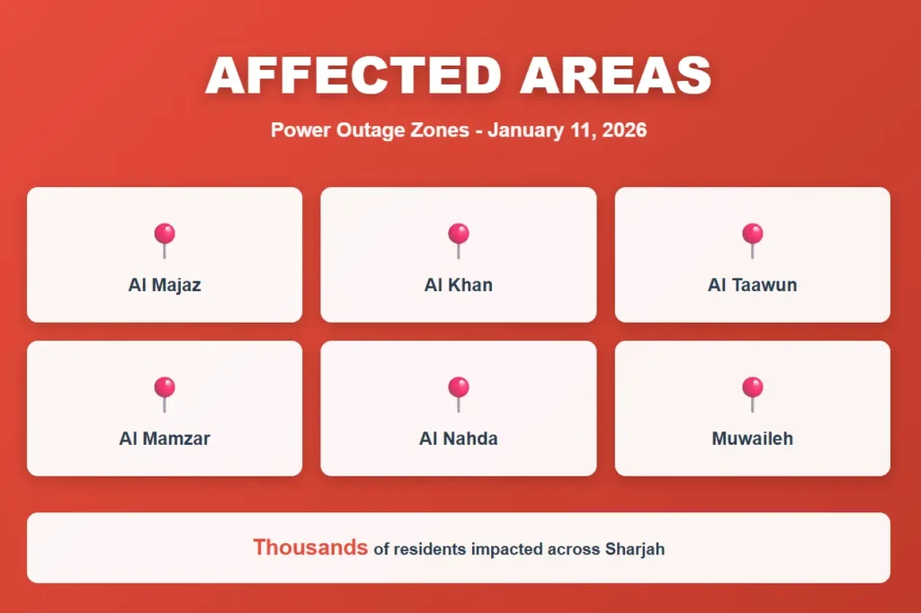 Sharjah Electricity Power Outage affected areas including Al Majaz, Al Khan, Al Taawun, Al Mamzar, Al Nahda, and Muwaileh