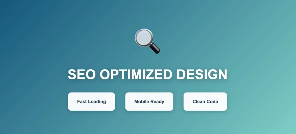 SEO optimized website design with fast loading speeds, mobile responsive design and clean code structure for better Google rankings