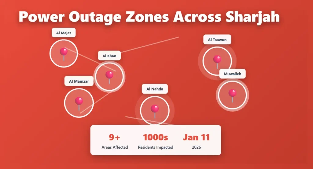 Sharjah Electricity Power Outage affected areas including Al Majaz, Al Khan, Al Taawun, Al Mamzar, Al Nahda, and Muwaileh