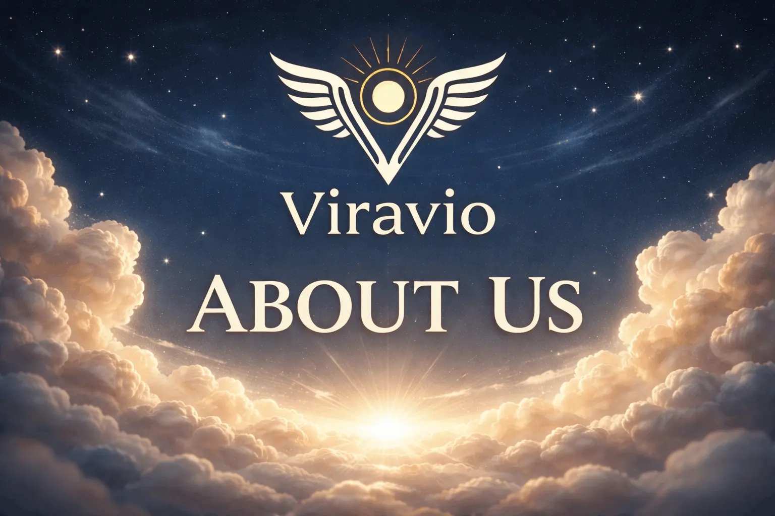 About Us 1 Viravio logo with wings and sun symbol on a dark blue background — About Us banner