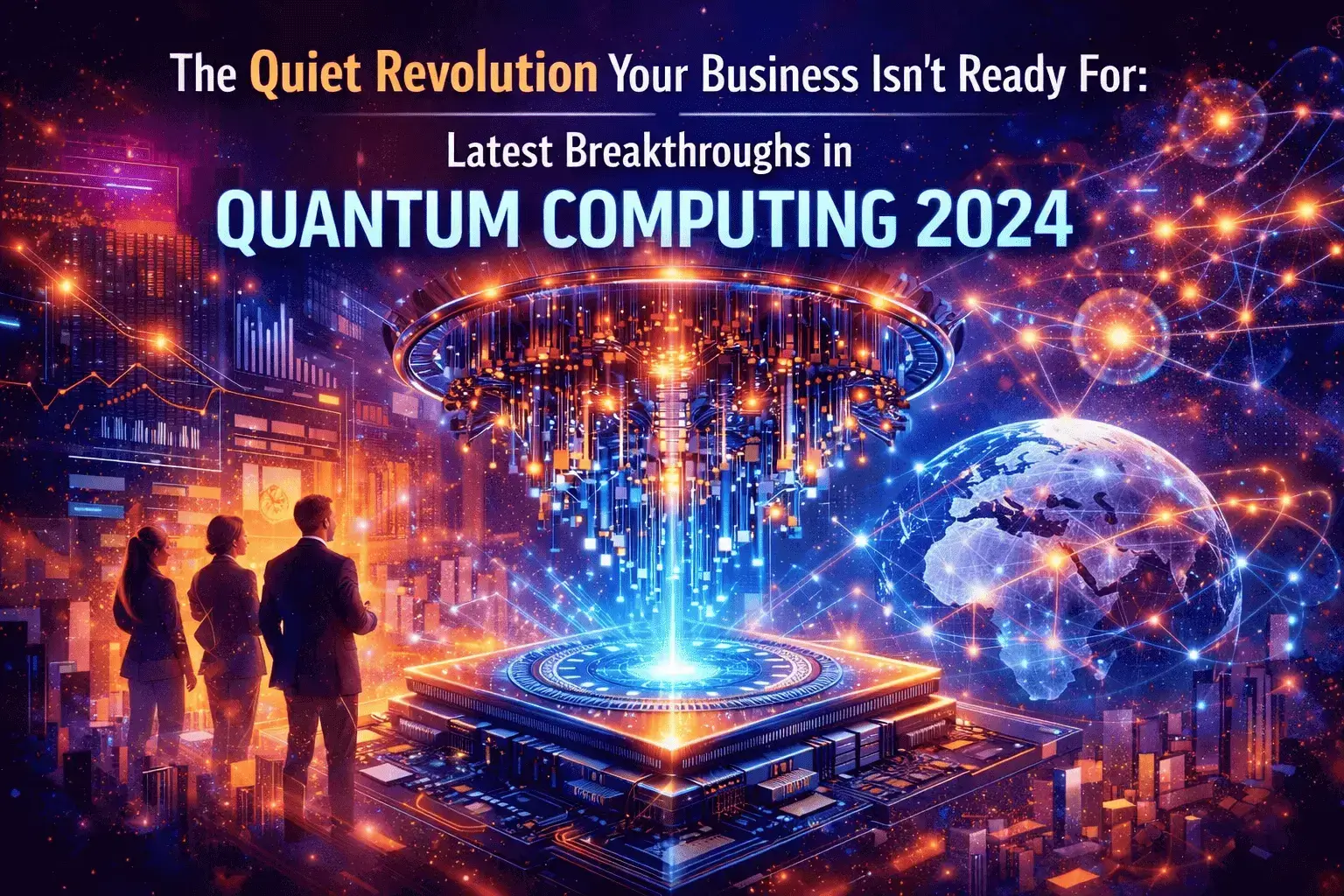 Futuristic illustration showing the latest breakthroughs in quantum computing 2024 with a glowing quantum processor, global network connections, and business leaders analyzing technology impact.