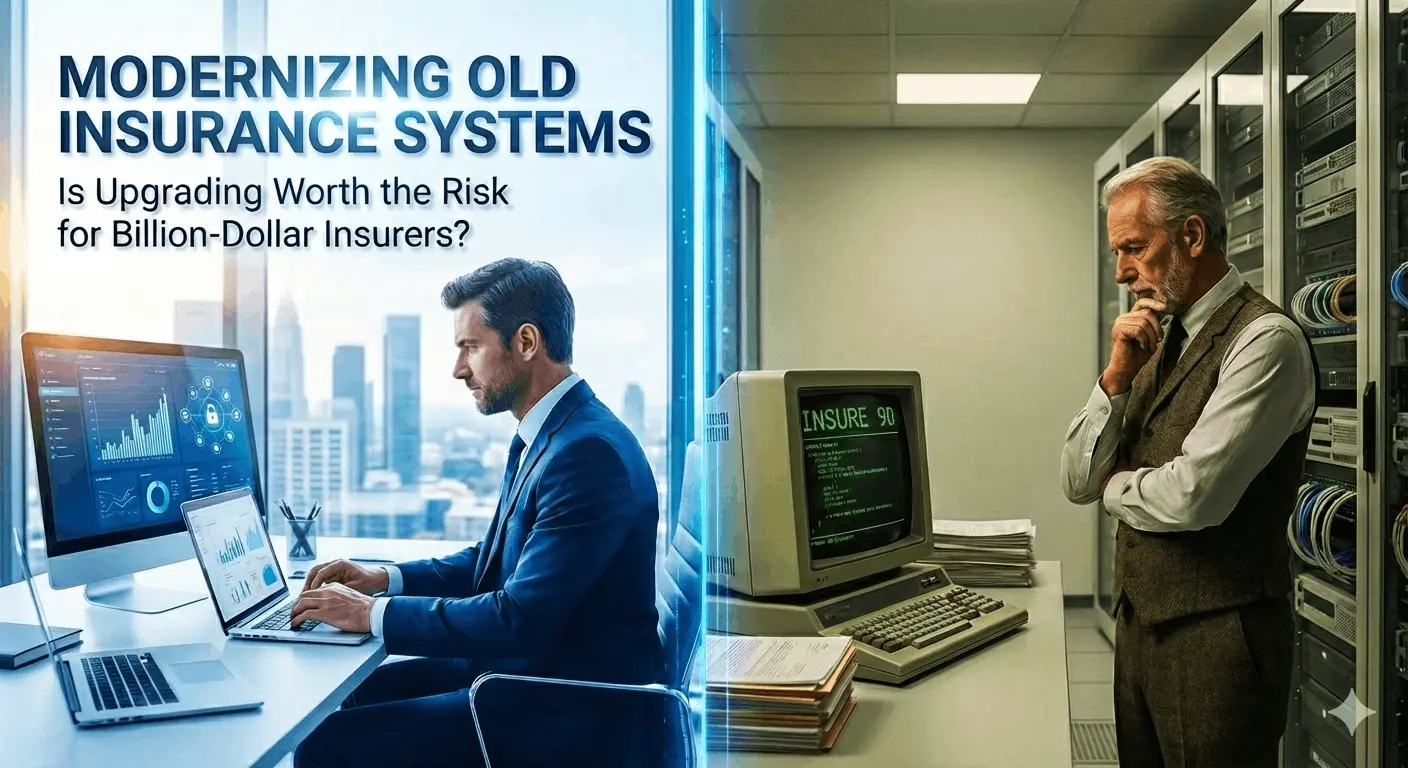 Modern digital systems compared with legacy infrastructure, reflecting how Insure 90 balances innovation and stability in insurance technology