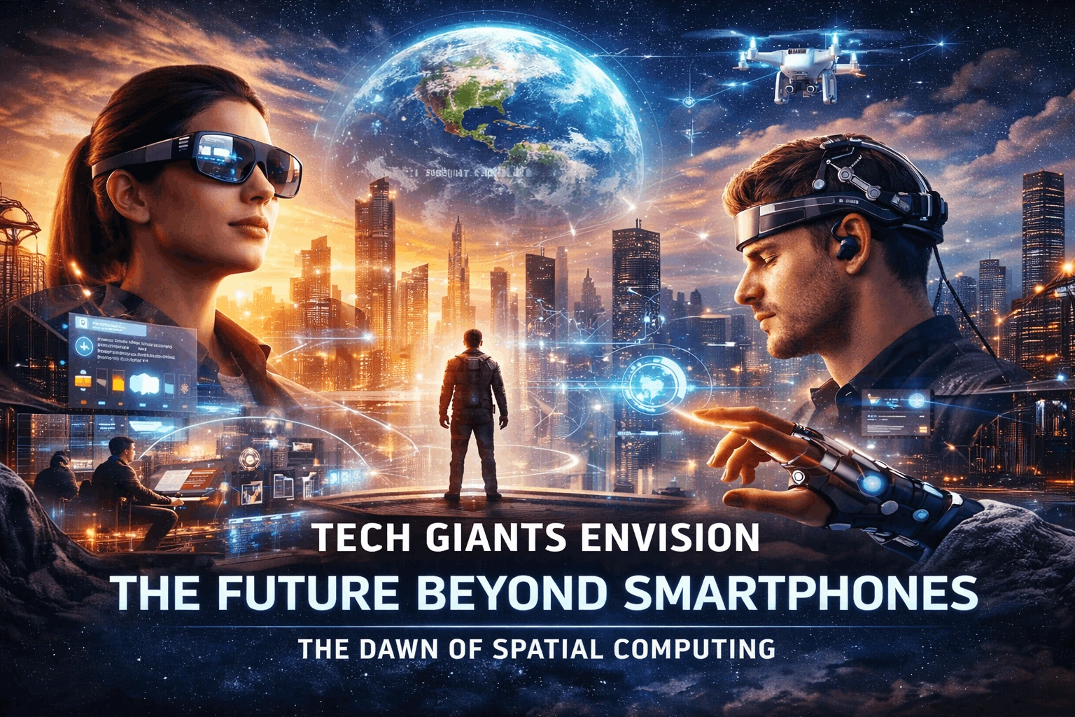 tech giants envision future beyond smartphones with spatial computing, smart wearables, AI-driven interfaces, and immersive digital environments