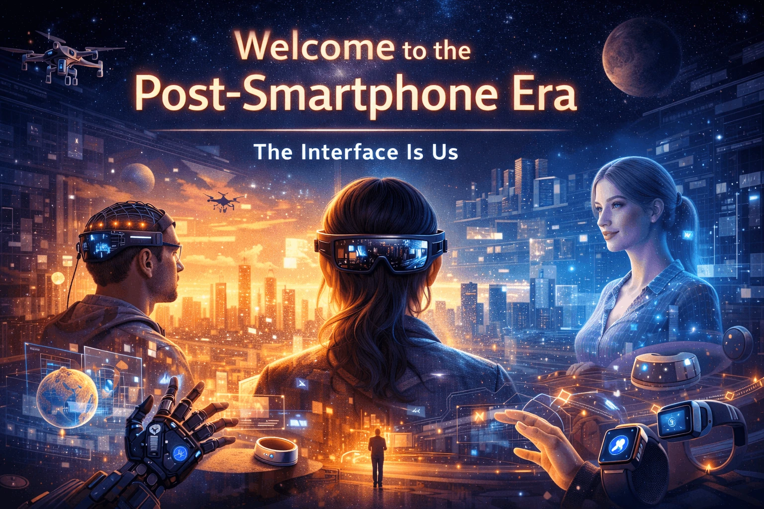 tech giants envision future beyond smartphones with spatial computing, smart wearables, AI-driven interfaces, and immersive digital environments