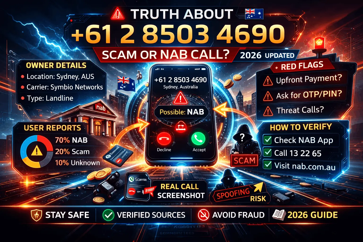 61285034690 call breakdown showing scam warnings spoofing risks and NAB verification process