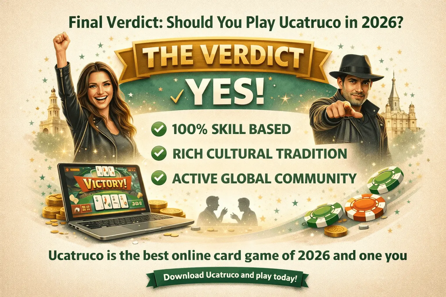 Final verdict image showing Ucatruco online card game benefits including skill based gameplay and global community