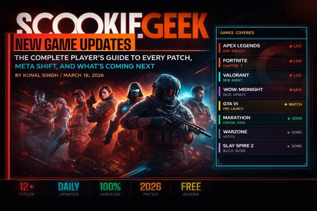 New Game Updates ScookieGeek 2026 feature image showing patch updates, meta shifts, and live coverage of Apex Legends, Fortnite, Valorant, and GTA VI