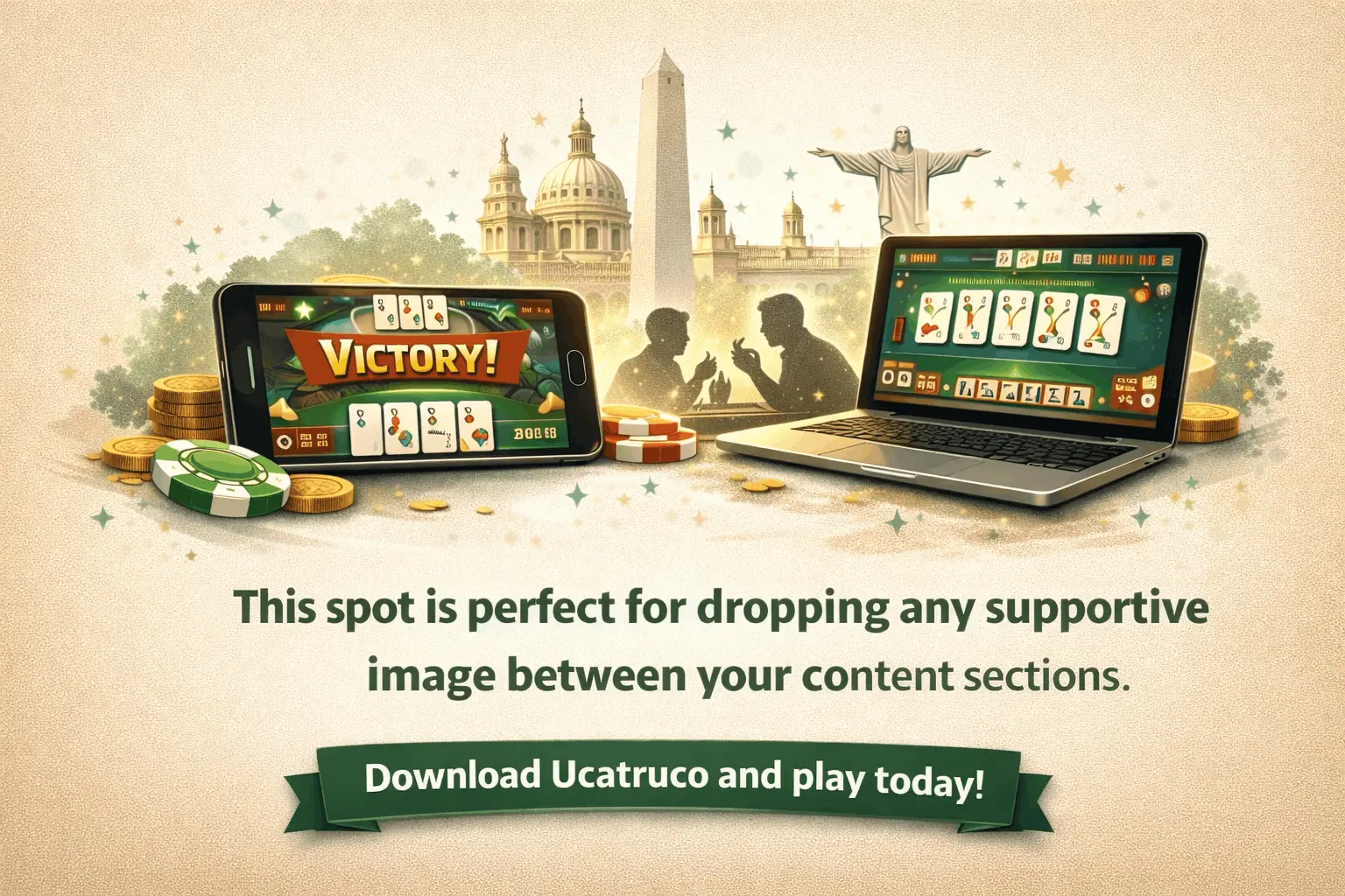 Ucatruco online gameplay on smartphone and laptop showing Truco cards and victory screen