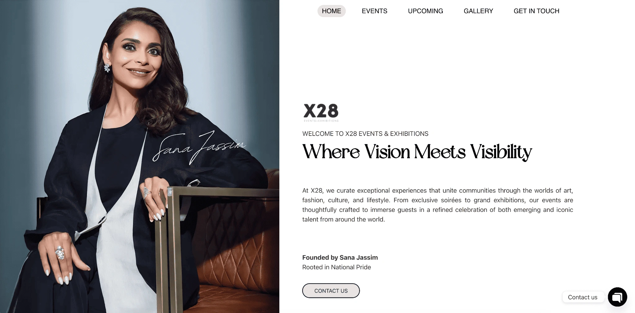 X28 Events & Exhibitions — founder Sana Jassim, brand identity by client, web build by Viravio