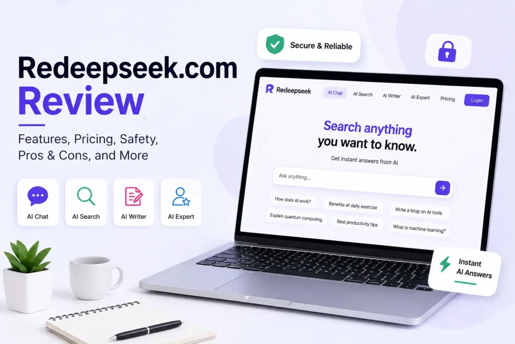 Redeepseek.com review feature image showing AI search platform, pricing, safety, and key features overview