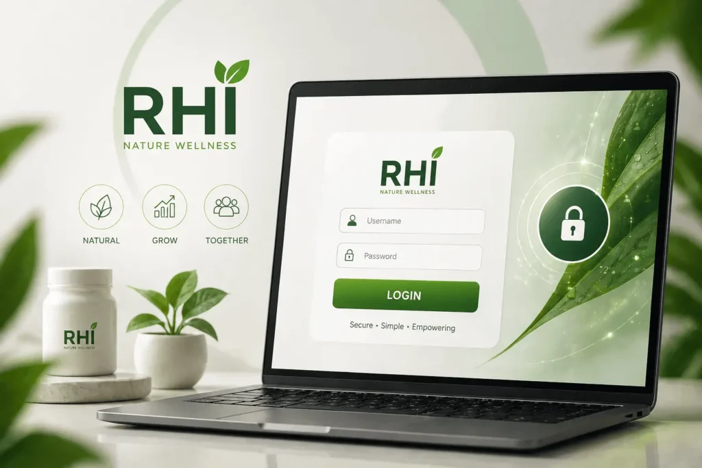 RHI Nature Wellness login dashboard interface with secure account access and business growth analytics