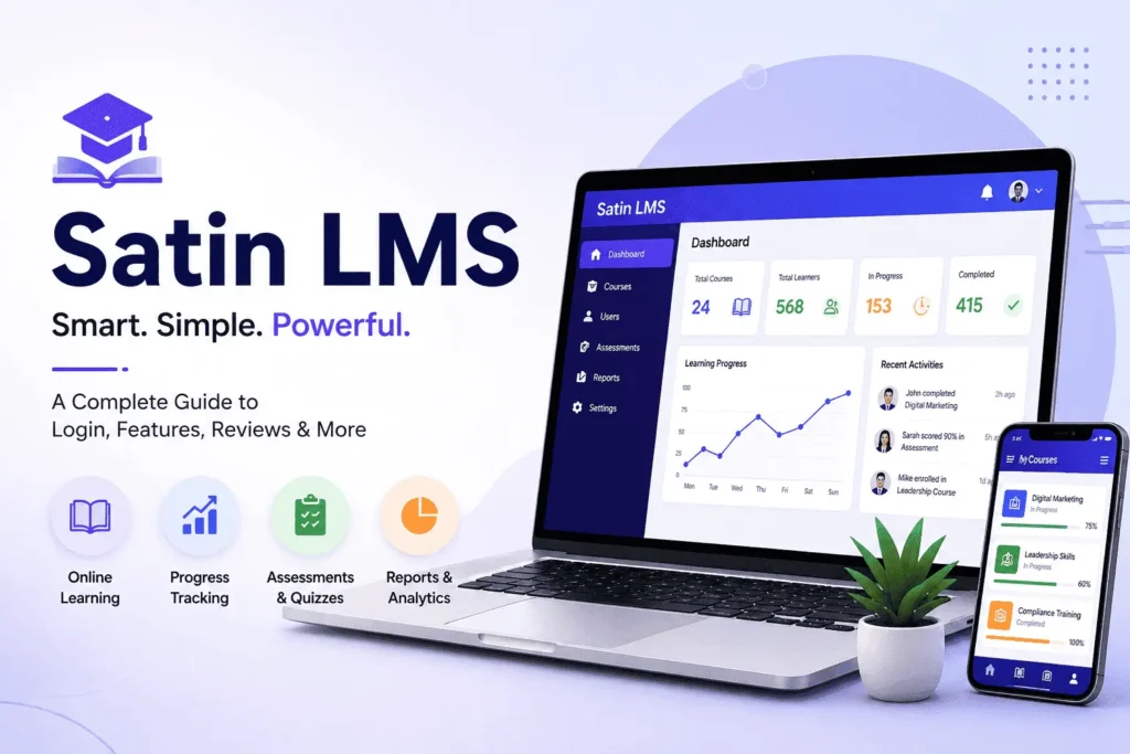 Satin LMS feature image showing LMS dashboard, mobile app, login, features, reviews and user guide interface