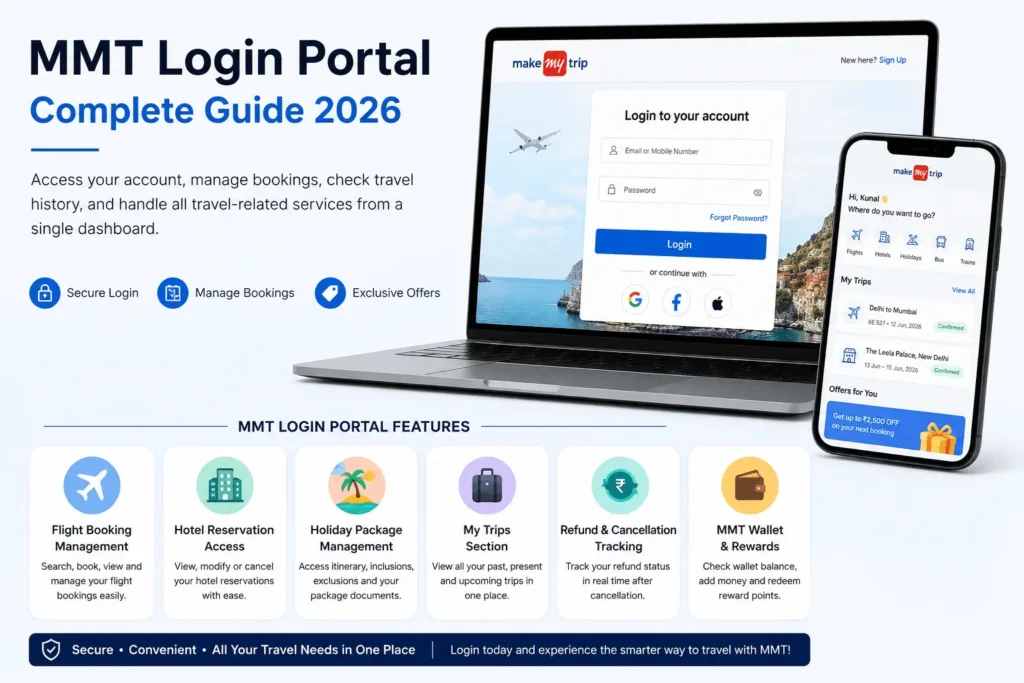 Modern MMT Login Portal feature banner displaying laptop and smartphone login dashboard with travel booking, refund tracking, and rewards management features.
