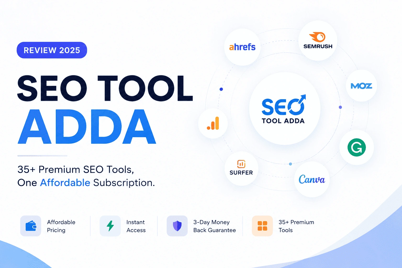 SEO Tool Adda Review 2025 featured image showing premium SEO tools dashboard with Ahrefs, SEMrush, Moz, Canva, and Surfer SEO logos.