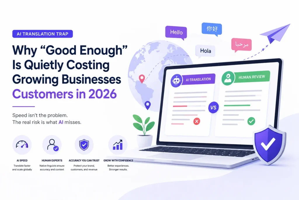 Feature illustration about AI translation risks and the importance of human localization for international business growth.