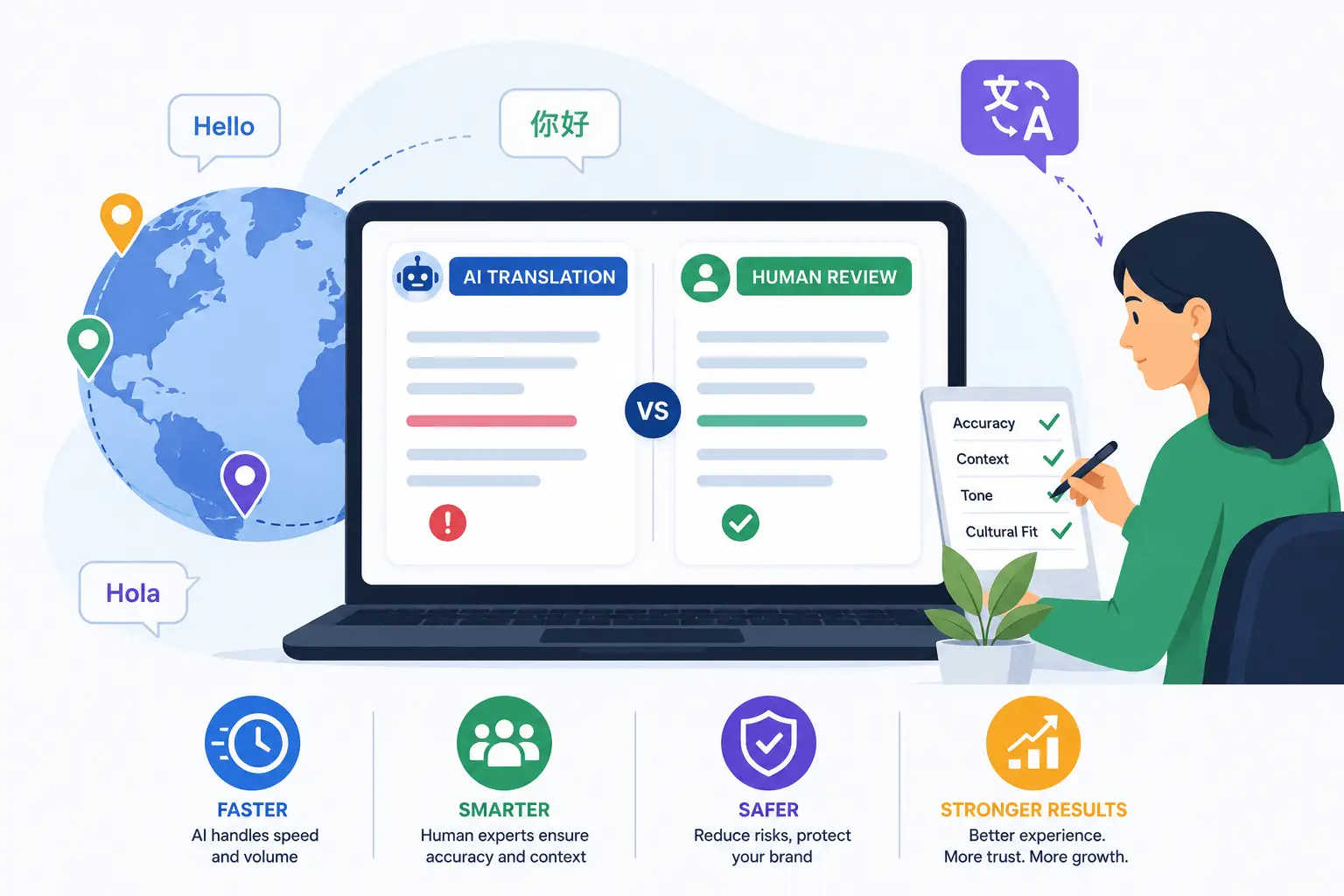 The AI Translation Trap: Why “Good Enough” Is Quietly Costing Growing Businesses Customers in 2026 2 AI translation versus human review illustration showing localization quality checks and multilingual content accuracy.