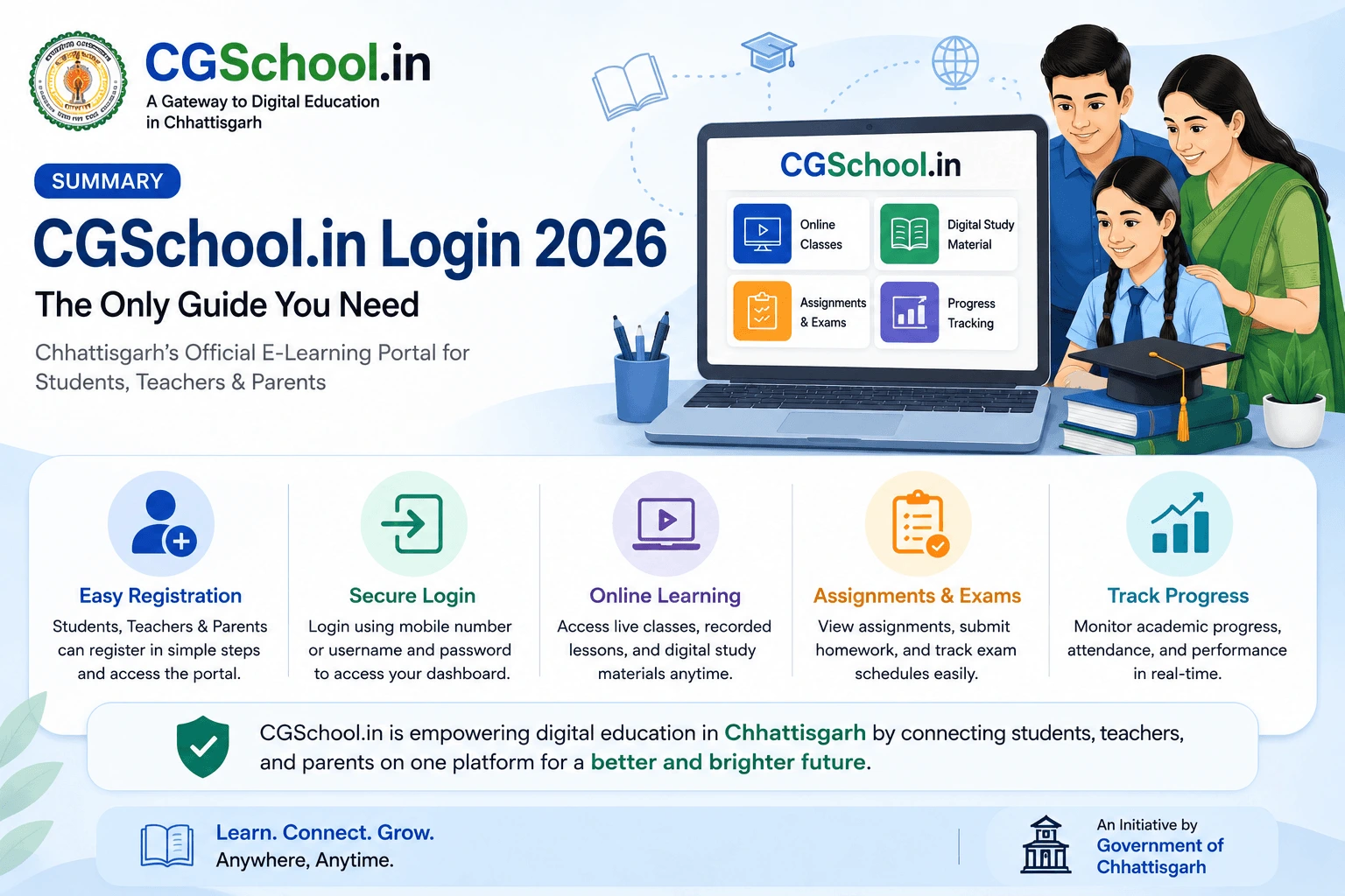 CGSchool.in dashboard showing online classes study materials assignments and progress tracking features