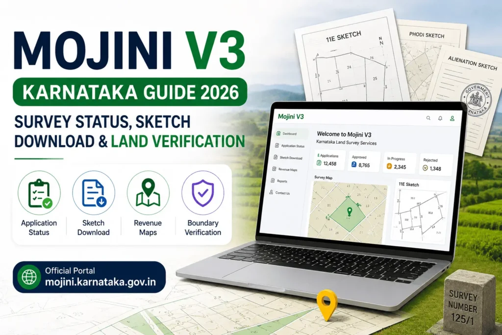 Mojini V3 Karnataka land survey portal showing survey status, sketch download, and land verification services online
