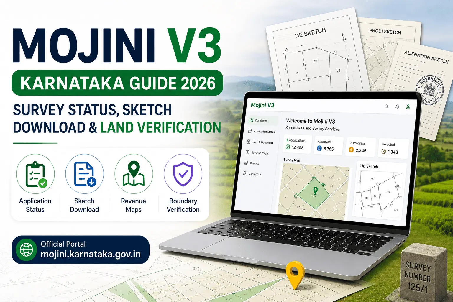 Mojini V3 Karnataka land survey portal showing survey status, sketch download, and land verification services online