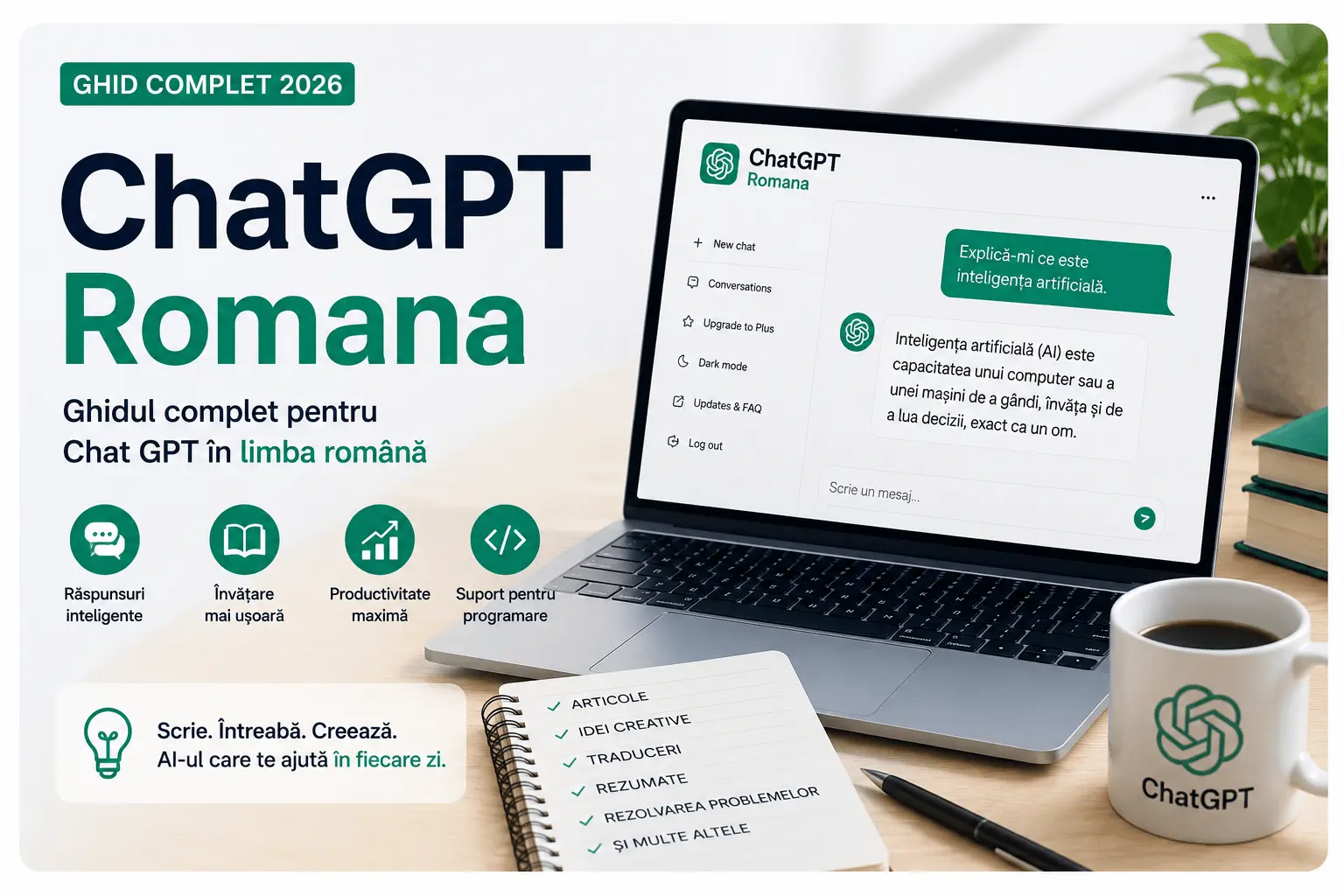 ChatGPT Romana (2026): The Complete Guide to Using Chat GPT in Romanian 4 ChatGPT Romana supportive blog image with Romanian AI assistant on laptop desk setup