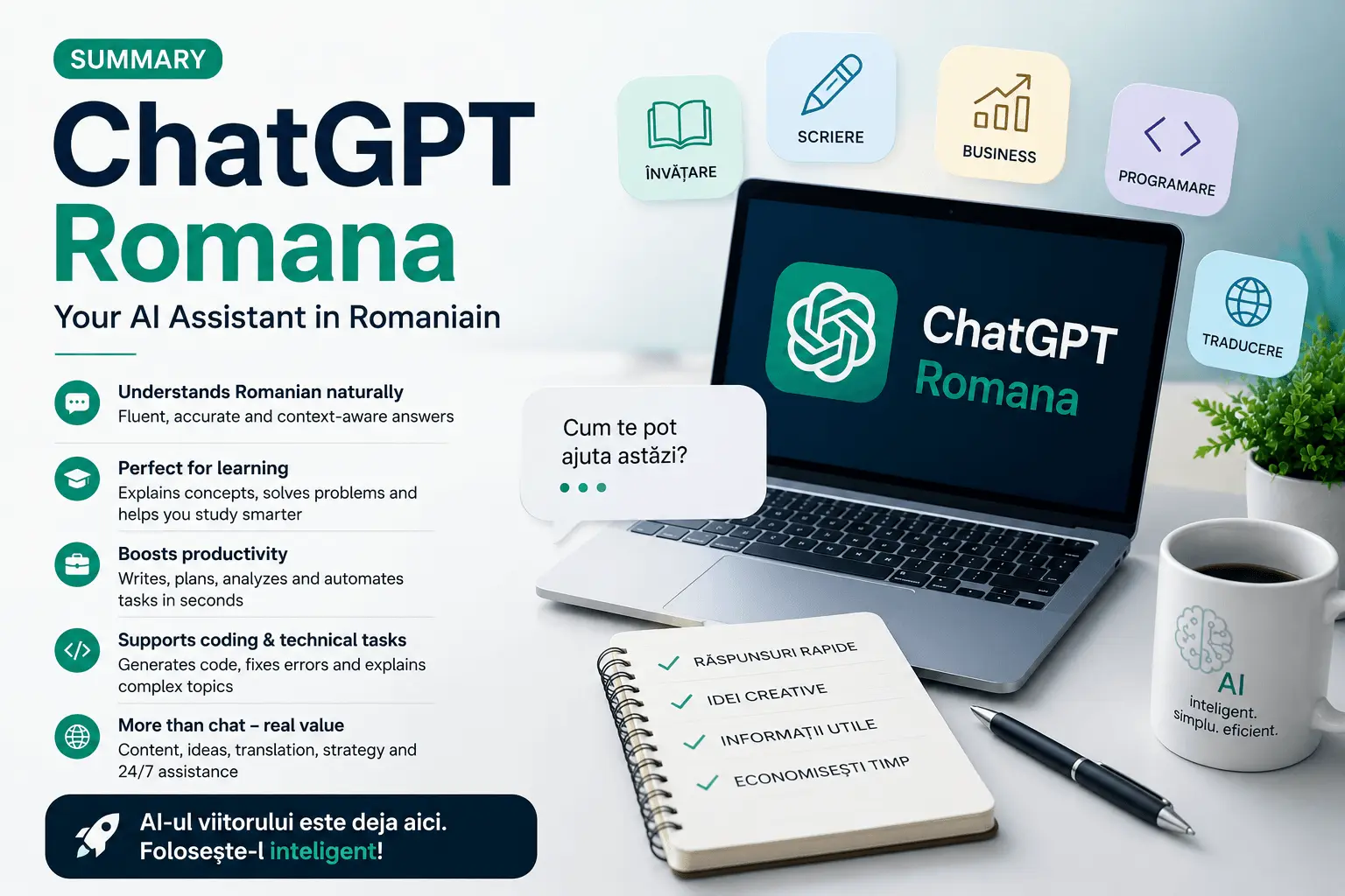 ChatGPT Romana (2026): The Complete Guide to Using Chat GPT in Romanian 2 ChatGPT Romana summary infographic with AI productivity and learning features